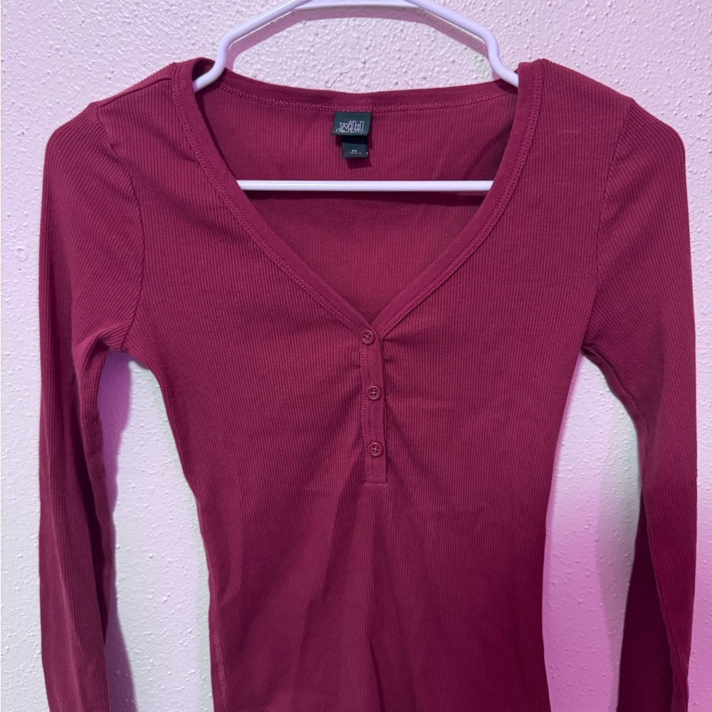 wild fable Ribbed Long-Sleeve Henley Top - Burgundy